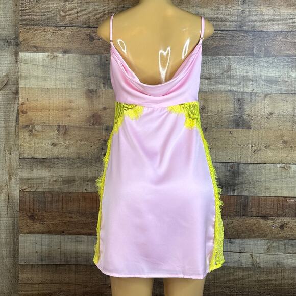 Fore Pink Sleeveless Dress Draped Neck Yellow Eyelash Lace Size Large - Picture 4 of 9